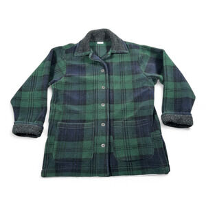 Vintage LL Bean Coat Womens LARGE Green Plaid Fleece Sherpa USA Made 80s